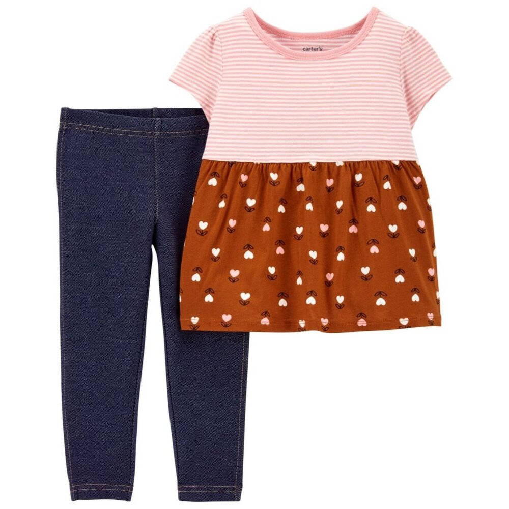 Baby Girls Carters 2-Piece Set Pink Striped Top & Heart Print Leggings 3M
